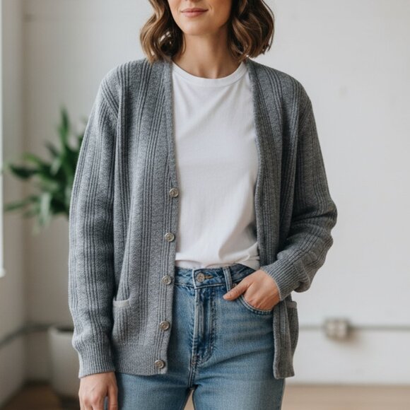 Vintage Puritan Gray Knit Cardigan Sweater Made in USA Wool Blend Size M - Picture 1 of 7